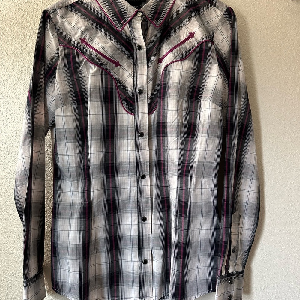 Women's Plaid Retro Western Shirt - Black, White, Pink